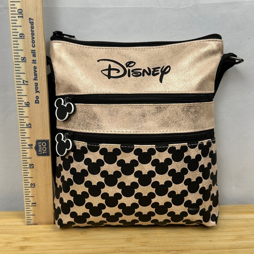 Disney Mickey Mouse Crossbody Bag Rose Gold Metallic Triple Zip Small Purse - Picture 3 of 12